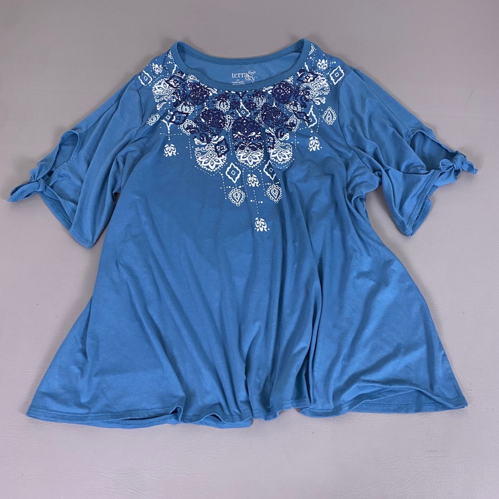 Terra & Sky Tunic Top Women's 2X Cool Water Blue Cold Shoulder Medallion Blouse